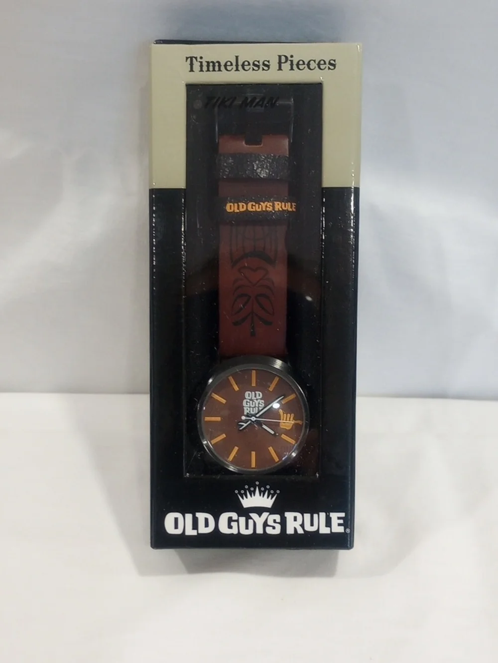 Old Guys Rule Tiki Man Watch.Brown Leather Strap Timeless Pieces (New)